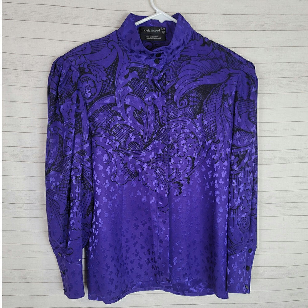 Louis Feraud Art Deco High Collar Lux Satin Button Down Blouse, sz 4
